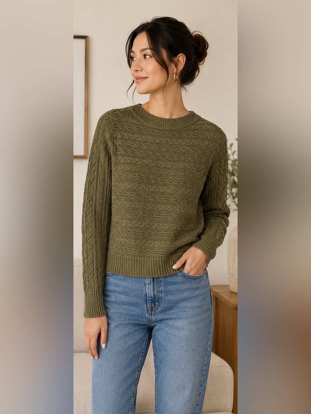 CHAPS Denim Cable Knit Linen Cotton Sweater Olive Green Small